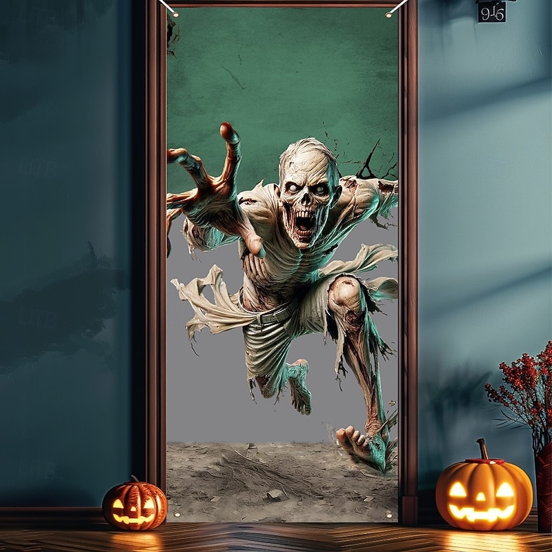 Halloween Door Covers Black and White Running Skeleton Tapestry Door Curtain Decoration, Spooky Horror Backdrop Door Banner for Front Door Indoor Outdoor Haunted House Party Decor