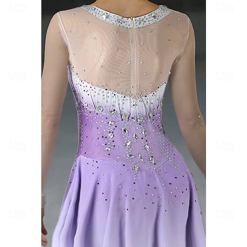 Figure Skating Dress Women's Girls' Ice Skating Dress Light Purple Patchwork Asymmetric Hem Mesh Spandex High Elasticity Training Competition Skating Wear Classic Crystal / Rhinestone Long Sleeve Ice4