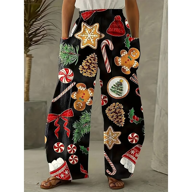 Women's Wide Leg Chinos Vacation Vintage Ethnic Style Full Length High WaistPantsUgly Christmas Graphic Christmas Elastic Waistband Inelastic Formal Vacation Street Black Pink Summer Spring Loose Fit