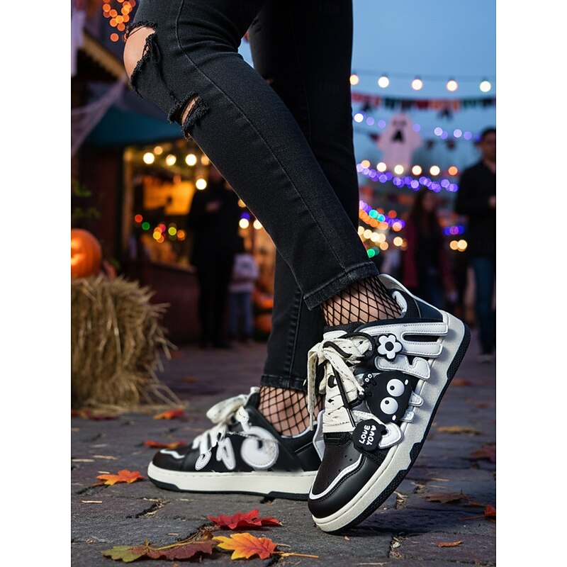 Women's Halloween Cartoon Sneakers with 3D Ghost & Flower Decor – Black and White Casual Lace-Up Shoes for Fall Festivals, Streetwear and Night Markets4