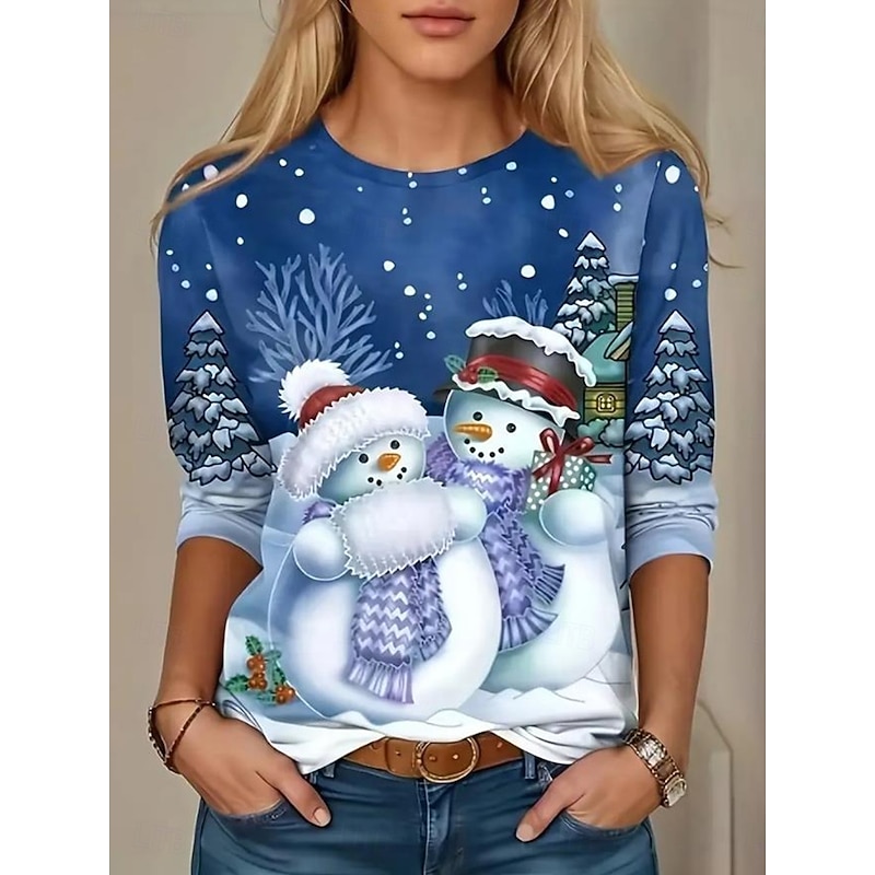 Christmas Women's T Shirt Graphic Christmas Tree Snowflake Vintage Fashion Stylish Long Sleeve Crew Neck Regular Tops Daily Weekend Print White Red Blue Spring Fall Winter