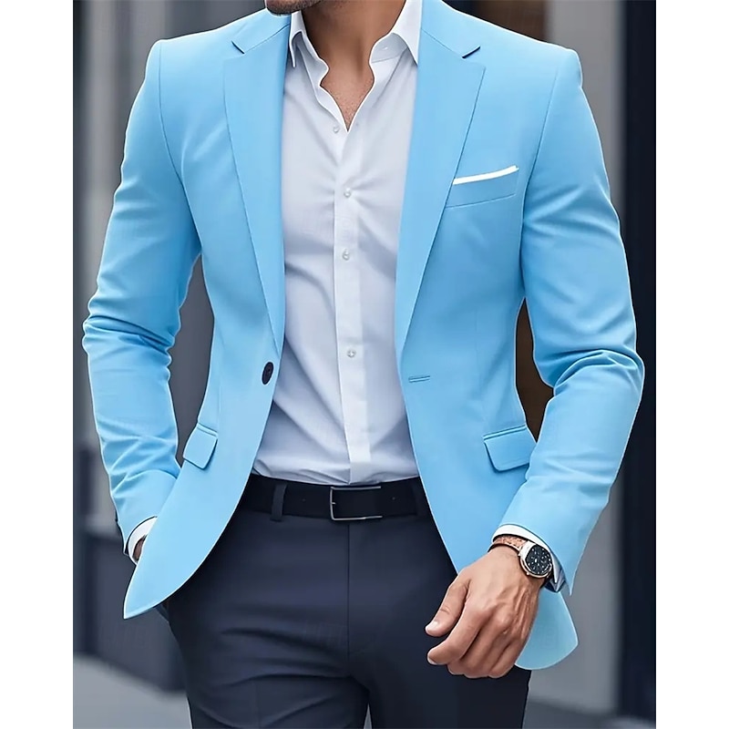 Men's Blazer Business Cocktail Party Wedding Party Fashion Casual Spring Fall Polyester Plain Pocket Buttons Comfortable Single Breasted Blazer Black Navy Blue Sky Blue