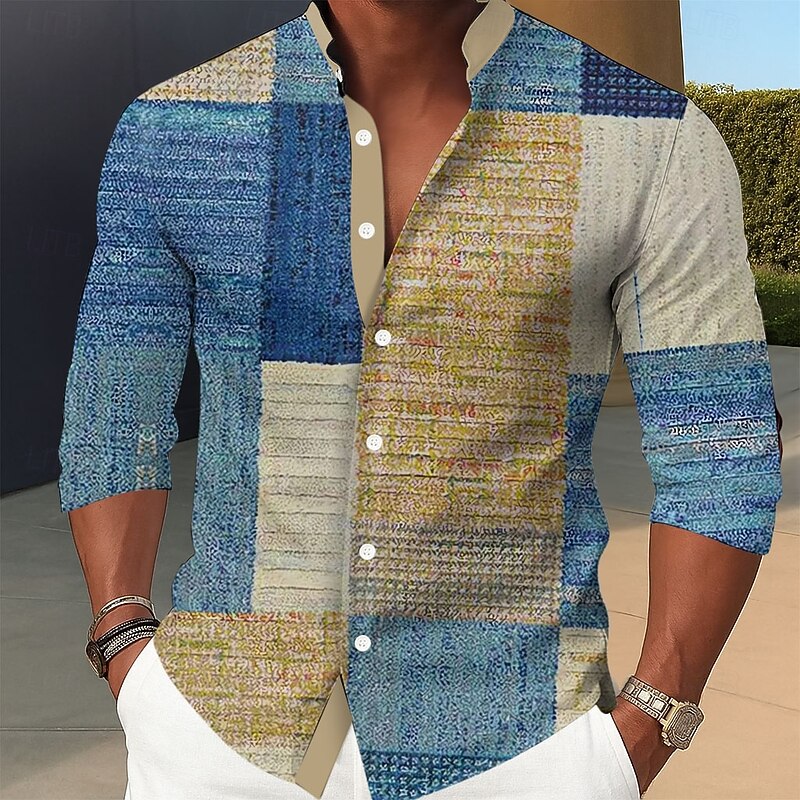 Men's Geometric Color Block Patchwork Shirt Stand Collar Shirt Long Sleeve Fashion Casual Dailywear Holiday Spring Fall Mandarin Collar Band Collar 3D Print Button Up Shirts Blue Purple Green Gray