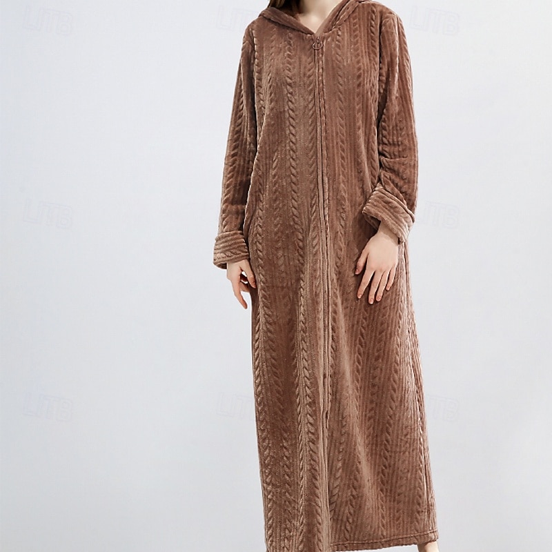 Women's Pajamas Robe Casual Pure Color Zipper Vacation Home Daily Long Sleeve Hoodie Pink Brown Gray Fall Winter Tailored Fit3