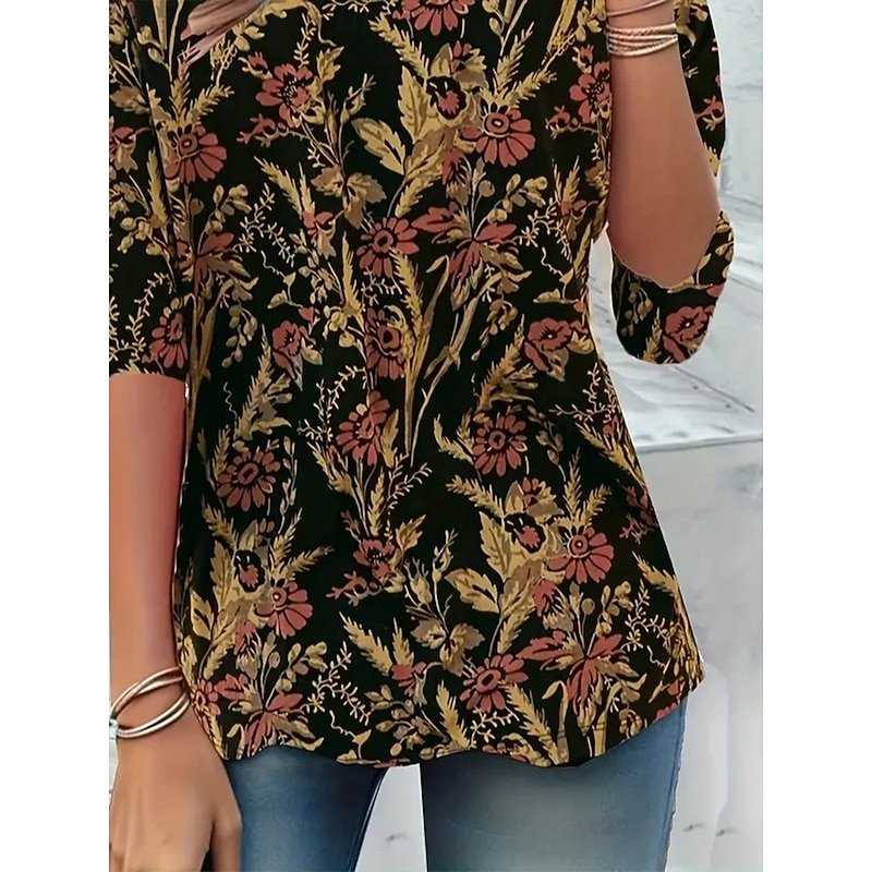 Women's T Shirt Floral Graphic Plants Vintage Stylish Classic Long Sleeve Crew Neck Round Neck Regular Tops Daily Print Black Spring Fall Winter3