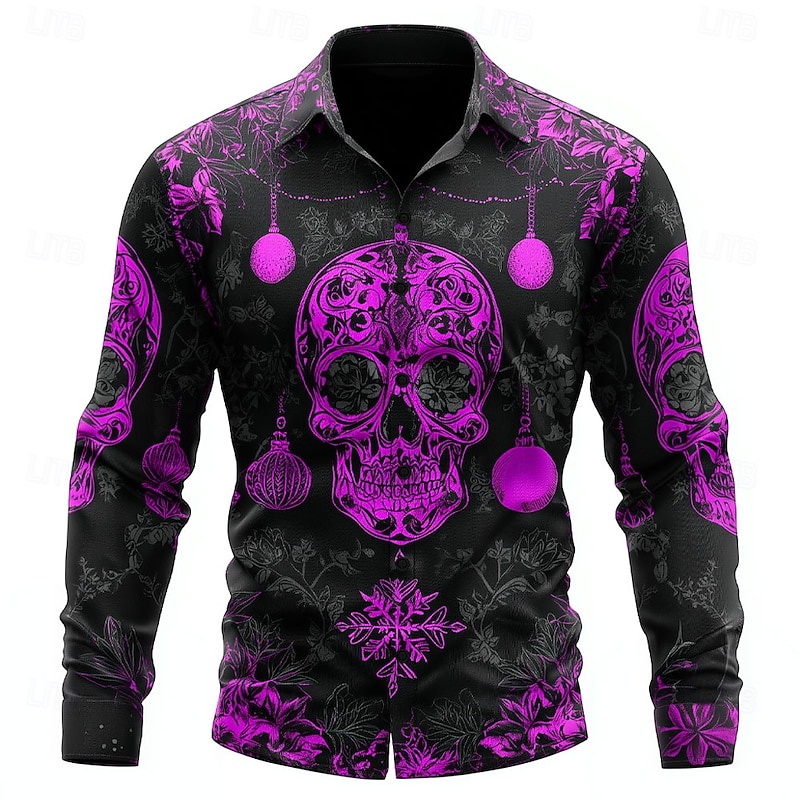 Halloween Men's Skull Snowflake Christmas Light Shirt Button Up Shirt Long Sleeve Dark Punk Gothic Style Outdoor Holiday Summer Spring Turndown 3D Print Collared Shirts Red Purple Orange Green3