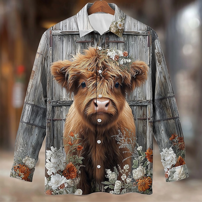 Men's Animal Cow Highland Cattle Shirt Button Up Shirt Long Sleeve Vintage Retro Outdoor Casual Spring Fall Turndown 3D Print Collared Shirts Gray 1# Gray2