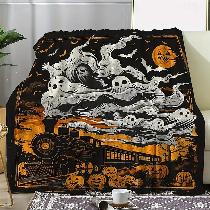Halloween Fleece Throw Blanket for Couch Boo Train 3D Dark Punk Gothic Style Party Sofa Bed Decorative Warm Blanket Home Decor2
