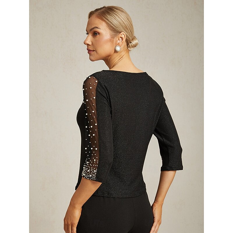 Women's Dressy Tops Elegant Daily Ladies 3/4 Length Sleeve Crew Neck Regular Tops Wedding Guest Party Evening Wear Semi Formal Beaded Metallic Illusion Black Spring Fall Winter2