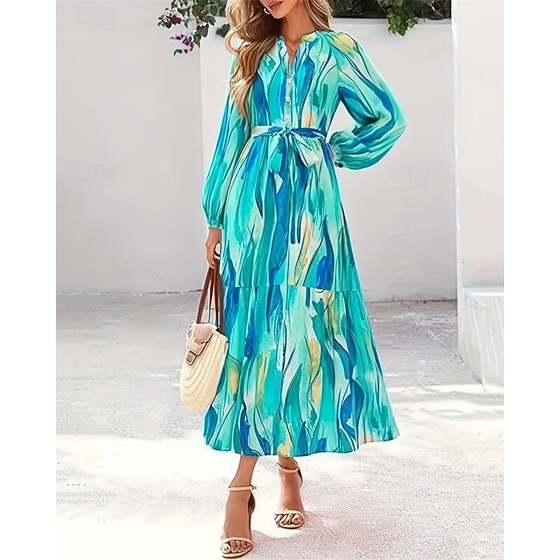 Women's Midi Dress Casual Dress Print Dress Elegant Fashion Modern Outdoor Daily Going out Regular Fit Graphic Long Sleeve V Neck Blue Spring Autumn