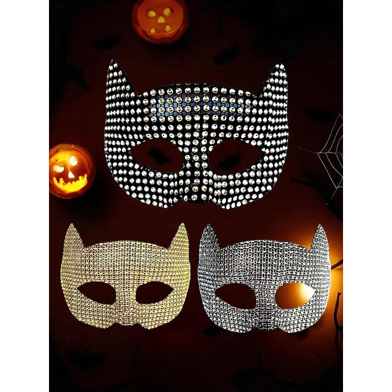 Women's Halloween Cat Eye Mask with Rhinestone Studs - Glamorous Costume Accessory for Masquerade, Cosplay and Party Events3