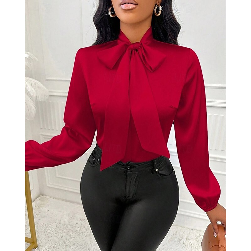 Women's Shirt Elegant Dressy Satin Solid Color Elegant Stylish Basic Long Sleeve Tie Neck High Neck Regular Tops Daily Going out Bow Red Spring Fall2