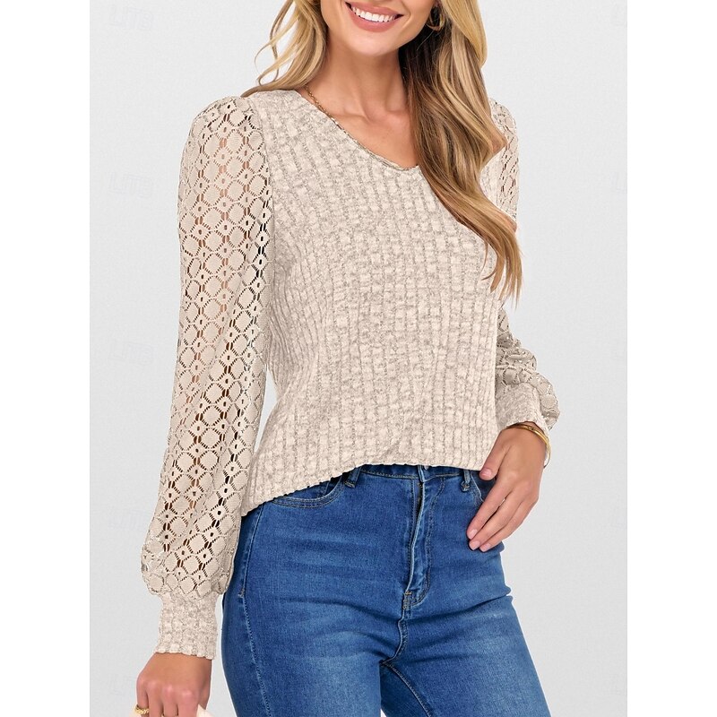 Women's Lace Shirt Floral Stylish Casual Long Sleeve V Neck Regular Tops Daily Lace Patchwork Black Purple Green Khaki Spring Fall3