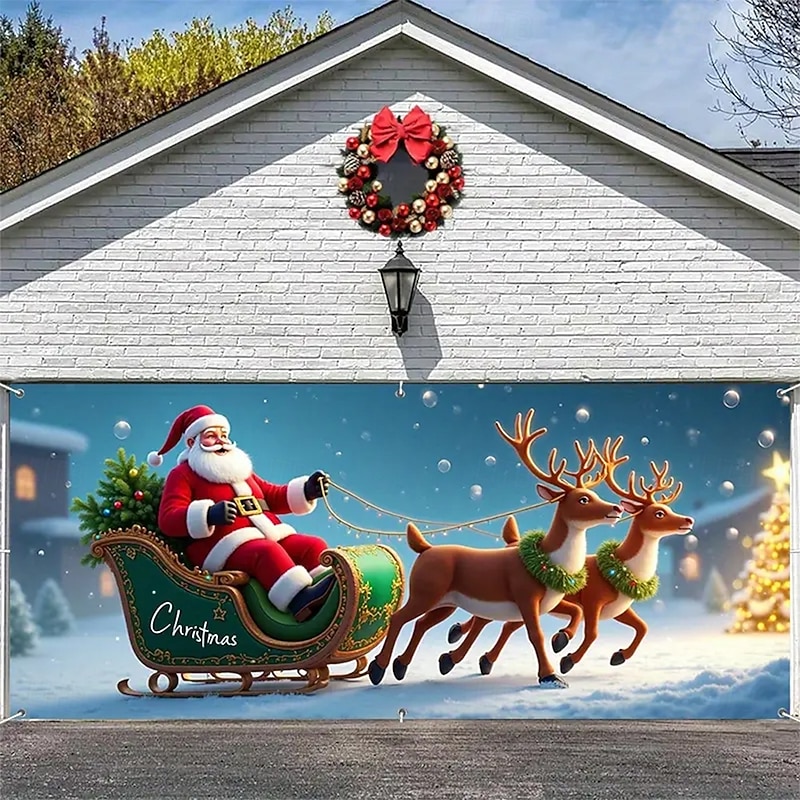 Christmas Garage Door Cover Large Hanging Backdrop Santa Claus Cute 3D Party Outdoor Holiday Shooting Backgrounds Yard Home Decor