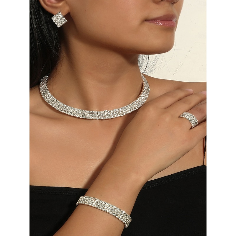 Women's 4-Piece Rhinestone Jewelry Set - Sparkly Necklace, Earrings, Bracelet and Ring for Ballroom Dance, Cocktail Party and Formal Events