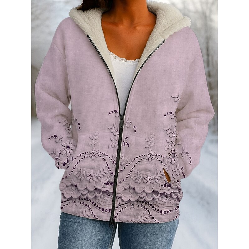 Women's Winter Coat Winter Jacket Windproof Warm Zipper Pocket Casual Floral Casual Athleisure Daily Daily Wear Short Hooded Regular Fit Long Sleeve Outerwear Pink Blue Purple Winter3