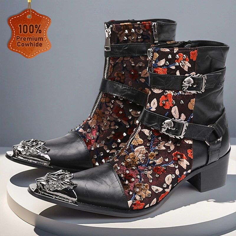 Men's Black Floral Embroidered Ankle Boots – Genuine Leather Western Cowboy Style with Buckle Straps for Parties, Stage Performances and Nightlife