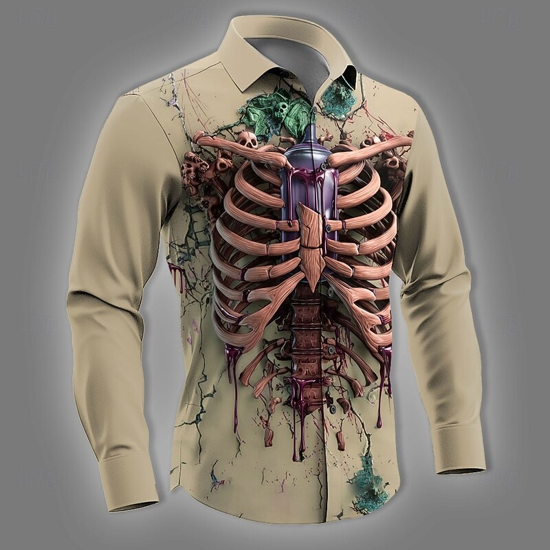 Halloween Men's Skull Skeleton Horror Shirt Button Up Shirt Long Sleeve Dark Gothic Style Holiday Streetwear Spring Fall Turndown 3D Print Collared Shirts Blue Purple Green Khaki4