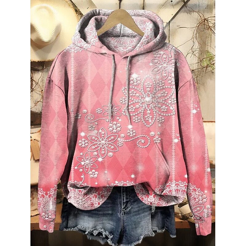 Women's Pullover Hoodie Sweatshirt Graphic Geometric Abstract Casual Boho Long Sleeve Hooded Regular Tops Street Dailywear Print Front Pocket Light Pink Black Pink Fall Winter4