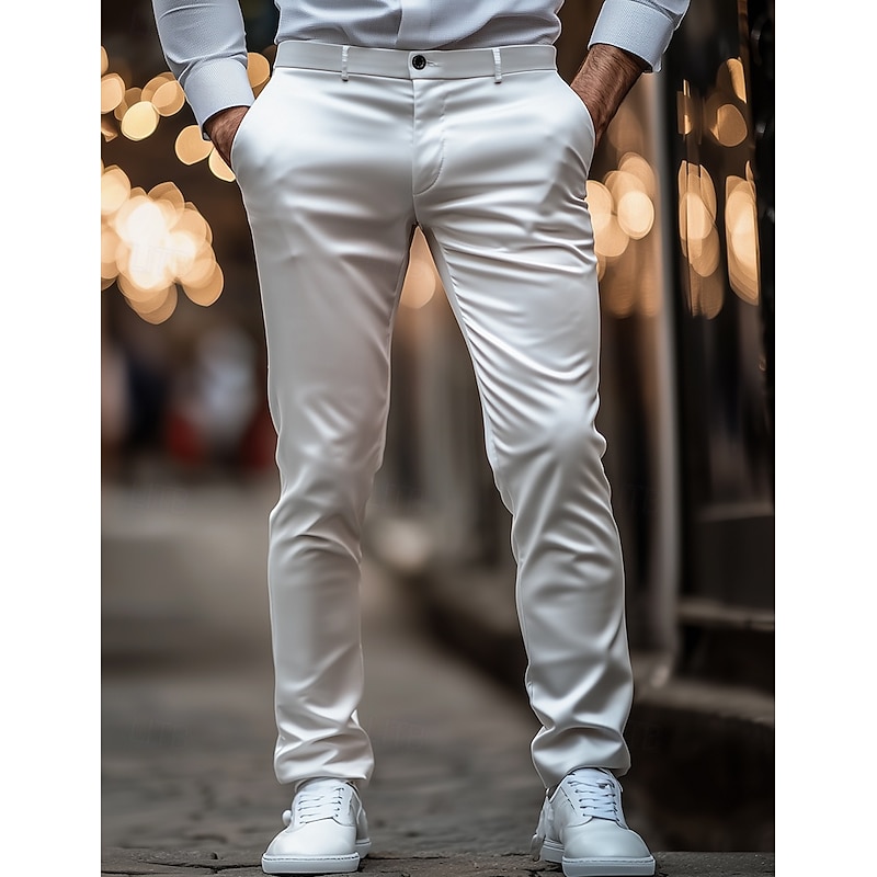 Men's Skinny Trousers Dress Pants Silk Like Satin Pants Pocket Plain Breathable Full Length Formal Party Club Fashion Streetwear White Gold Inelastic4