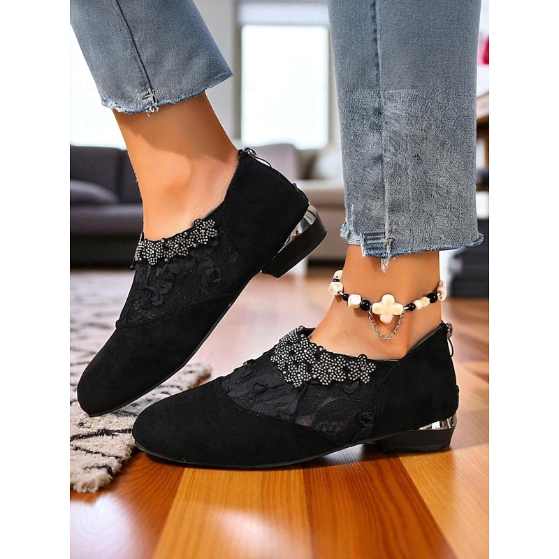 Women's Black Suede Slip-On Shoes with Lace and Rhinestone Detailing - Elegant Low Heel Footwear for Ladies, Perfect for Casual Outfits, Evening Parties & Office Wear2