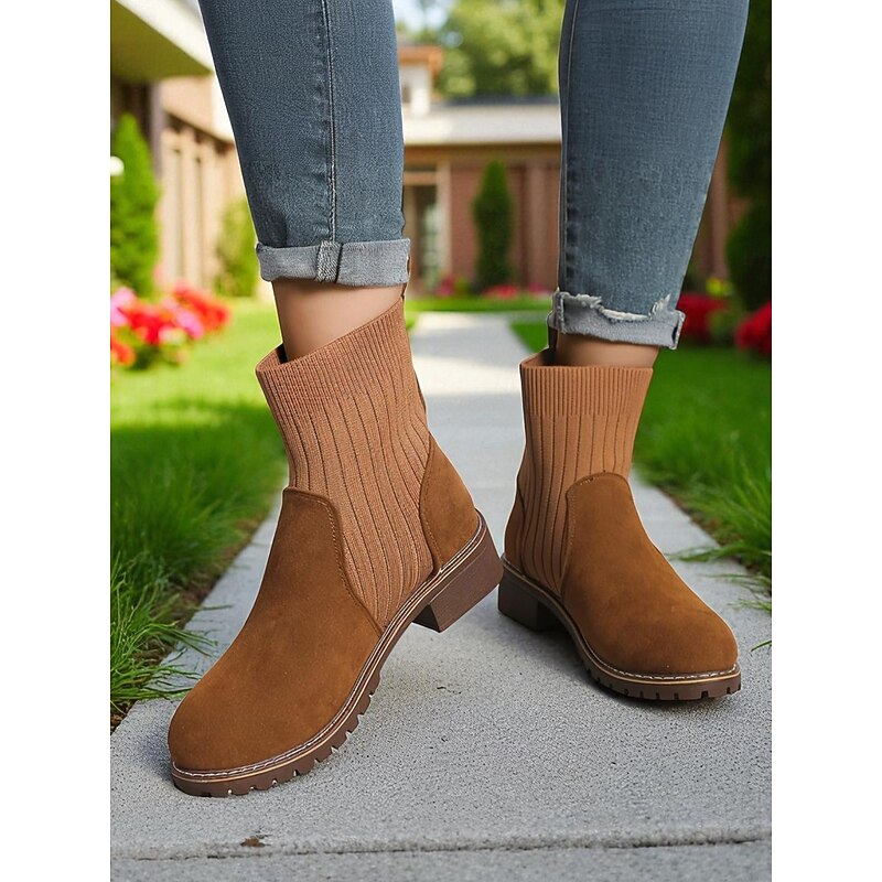 Women's Light Brown Faux Suede Ankle Boots with Ribbed Knit Shaft – Cozy Autumn Winter Chelsea Style Boots for Casual Outfits4