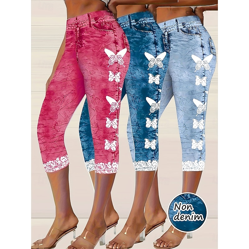 Women's Capri Pants Leggings Vacation Vintage Fashion Calf-Length Mid Waist Floral Graphic 3D Print Printing Soft Breathable Micro-elastic Vacation Street Causal Pinky Light Sky Blue Deep Blue Summer
