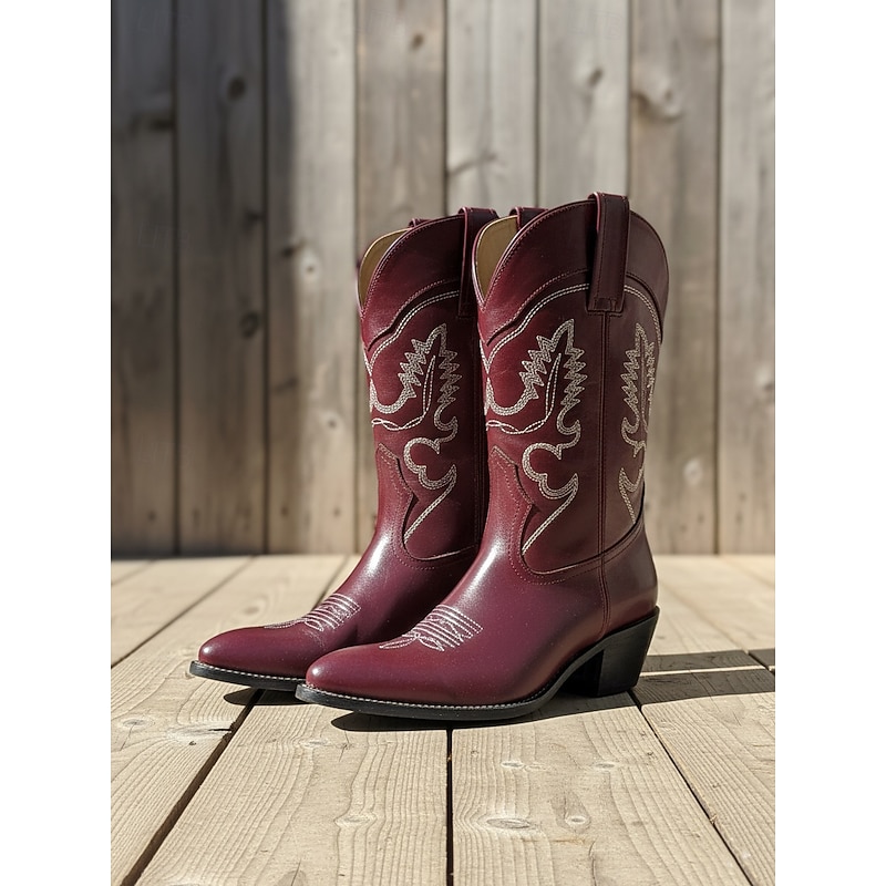 Women's Cowboy Boots with Embroidered Western Stitching, Pointed Toe and Low Block Heel - Stylish Urban Casual Footwear for Women's Streetwear and Everyday Outfits