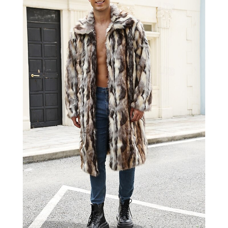 Men's Casual Jacket Faux Fur Coat Vacation Daily Thermal Warm Plush Fall Winter Color Block Fashion Streetwear Lapel Long Brown Jacket3