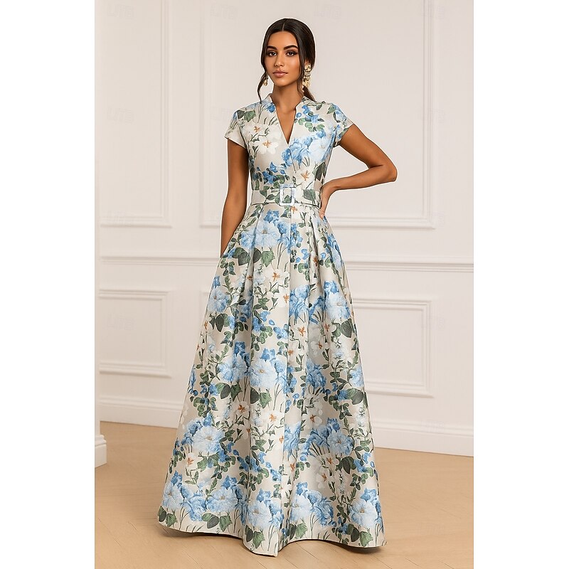 A-Line Evening Gown Elegant Dress Formal Wedding Guest Floor Length Short Sleeve V Neck Pocket Satin with Floral Print Wedding Guest Dress3