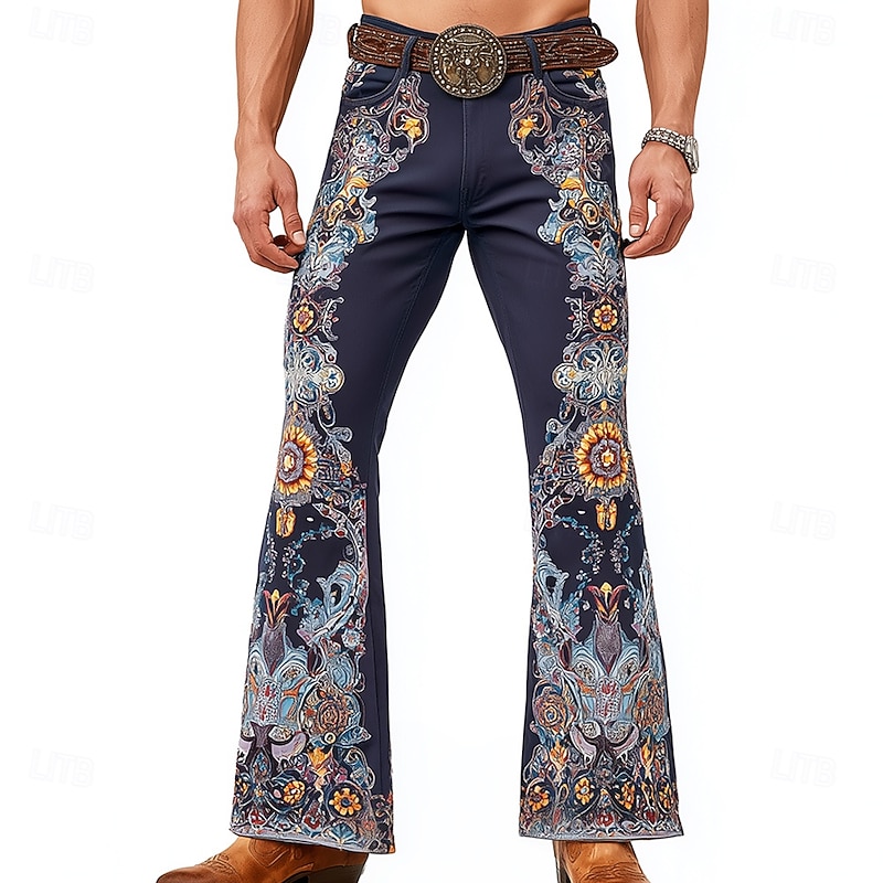 Men's Floral Print Ethnic Flowers Trousers Disco Pants 60s 70s Bell Bottoms Mid Waist Western Vintage Retro Outdoor Vacation Casual Side Pockets Flared Leg Pants Trousers Spring Fall 3D Print Black