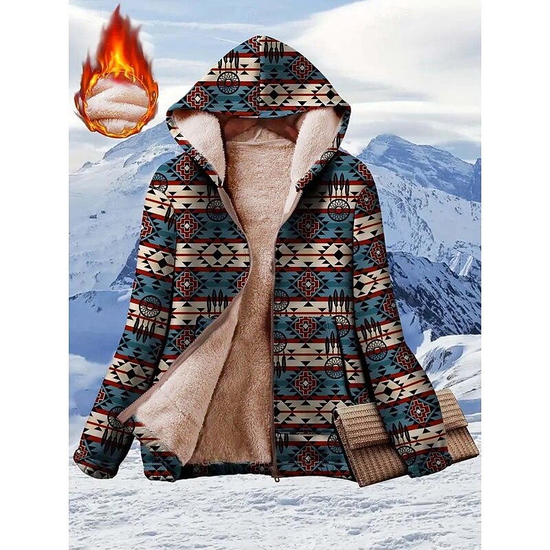 Women's Zip Up Hoodies Graphic Geometric Paisley Elegant Warm Vintage Long Sleeve Hooded Regular Tops Home Work Party Evening Wear Zip Up Zipper Print Dark Blue Spring Fall Winter