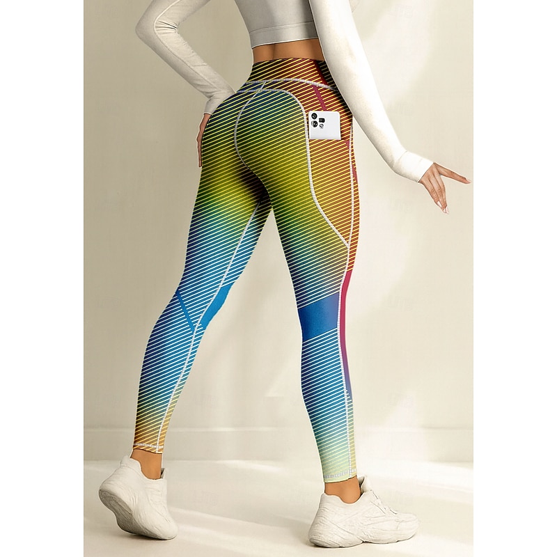 Women's pilates leggings fitness pants Gym Leggings Pockets Stamp Duty Side Pockets Pilates Gym Gym Workout Pants Tights Leggings Striped Geometry Gradient Stripes Rainbow Sports Activewear Stretchy