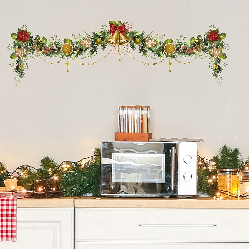 Christmas Sticker Wall Decals Pine Branch Bell Wreath Removable Vinyl Mural Holiday Party Living Room TV Background Wall Decoration Self Adhesive Home Festival Atmosphere4