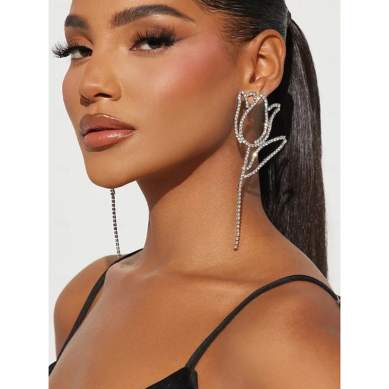 Women's Crystal Rhinestone Flower Drop Earrings Elegant Statement Jewelry for Evening Balls and Party Occasions