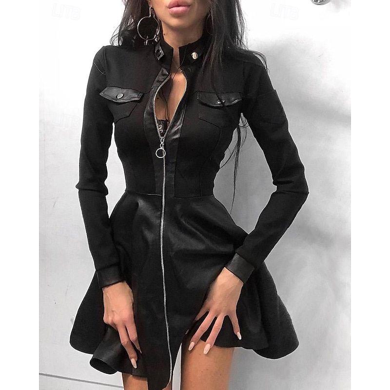 Women's Mini Dress Black Dress Leather Dress Fashion Modern Outdoor Holiday Going out Regular Fit Plain Long Sleeve Stand Collar Black Fall Winter