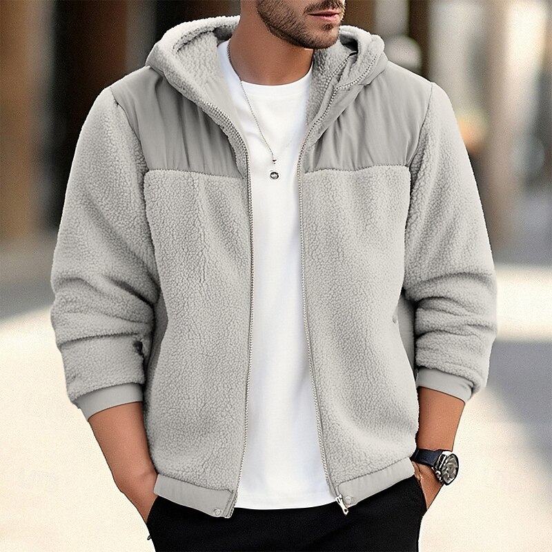 Men's Hoodie Full Zip Hoodie Fleece Hoodie Black Navy Blue Light Grey Beige Hooded Plain Patchwork Pocket Sports & Outdoor Daily Holiday Polyester Streetwear Basic Casual Winter Clothing Apparel