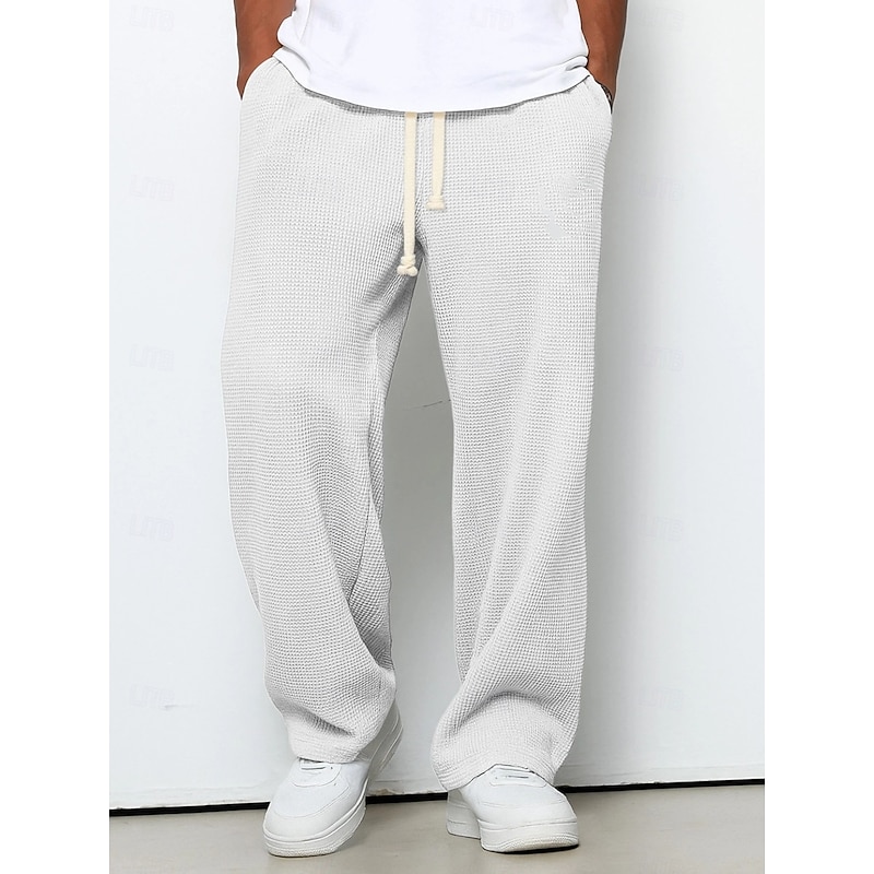 Men's Straight Leg Sweatpants Waffle Pants Drawstring Lattice Breathable Full Length Casual Daily Straight Dark Brown Black Micro-elastic3