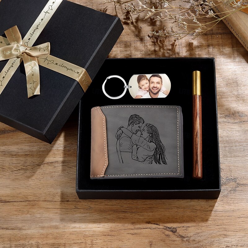 Personalized Photo Wallet and Keychain Christmas Gift Set Custom Engraved Leather Wallet Gift for Dad, Bifold Wallet for Men, Husband, Son, Father's Day, Birthday3