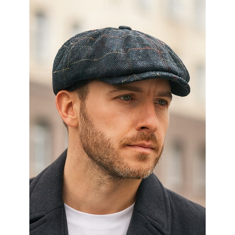 Men's Vintage Herringbone Newsboy Cap – Classic Tweed Flat Ivy Hat, Retro Gatsby Style Beret for Casual Wear and Outdoor Parties