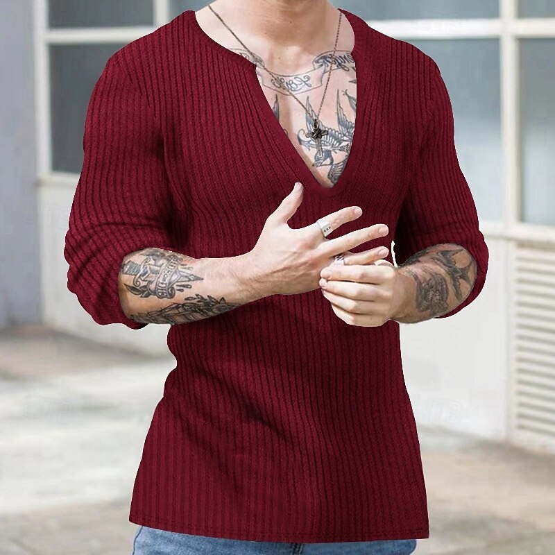 Men's Sweater Pullover Sweater Jumper Ribbed Knit Regular Tops Knitted Slim Fit Plain V Neck Knitwear Contemporary Casual Daily Wear Clothing Apparel Spring Fall Black White S M L2