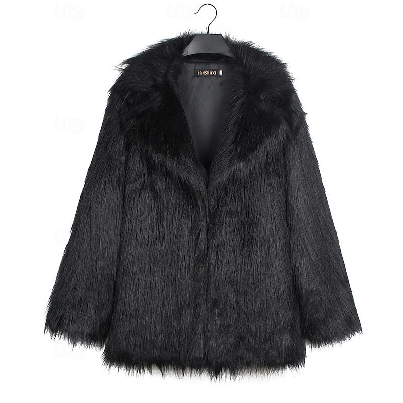 Women's Coat Faux Fur Coat Warm Comfortable Furs & Leathers Fashion Plain Vacation Daily Wear Going out Weekend Long Turndown Regular Fit Long Sleeve Outerwear Black Fall Winter3