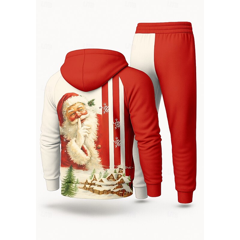 Christmas Men's Hoodie Tracksuit 2 Piece Tracksuit Drawstring Zip Up Color Block Clothing Suit Fall Red Casual Vocation Outdoor Lightweight Fashion Long Sleeve Sport Activewear Stretchy Regular Fit2