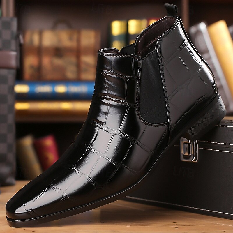 Men's Brown Crocodile Pattern Chelsea Boots – Faux Leather Ankle Boots with Elastic Side Panels, Vintage Style Dress Boots for Office and Evening Wear2