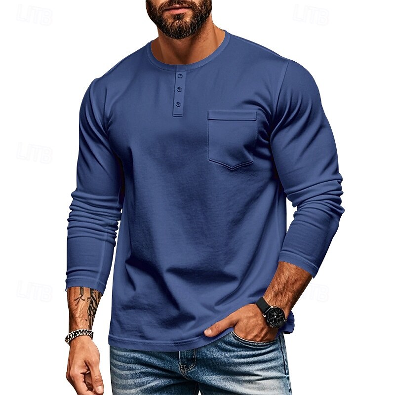 Men's Henley Shirt Tee Henley Top Long Sleeve Solid Color Plain Fashion Designer Casual Pocket Buttons Henley Outdoor Casual Daily Spring Fall All Seasons Black White Blue Henley T-Shirt