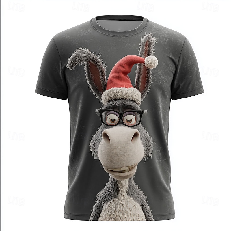 Christmas Men's Donkey T Shirt Short Sleeve T shirt 3D Print Crew Neck Shirt Daily Designer Artistic Vacation Party Street Dark Gray Gray All Seasons Clothing Apparel S M L XL XXL XXXL2