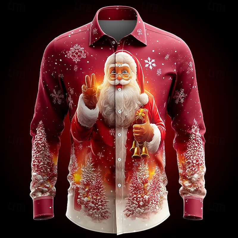 Christmas Men's Santa Claus Christmas Tree Christmas Bell Shirt Button Up Shirt Long Sleeve Funny Outdoor Holiday Spring Fall Turndown 3D Print Collared Shirts Red 1 Red 3 Red Red 22