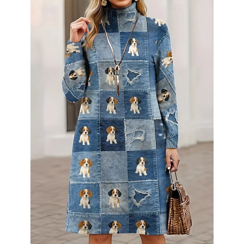 Women's Sweater Dress Mini Dress Shift Dress A Line Dress Vacation Party Casual Outdoor Home Casual Loose Fit Graphic Animal Plaid Long Sleeve Turtleneck Blue khaki Spring Fall Winter4