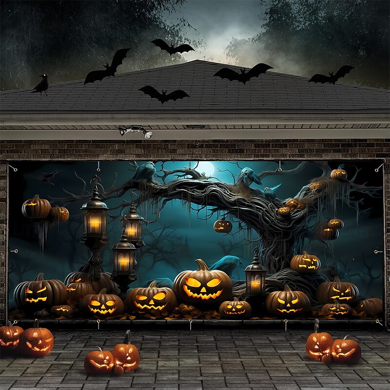 Halloween Tapestry Garage Door Cover Large Hanging Backdrop Pumpkin Tree Dark Punk Gothic Style Party Outdoor Shooting Backgrounds Yard Haunted House Home Decor