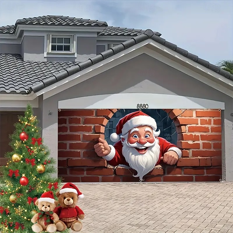 Christmas Tapestry Garage Door Cover Large Hanging Backdrop Santa Claus Cute 3D Party Outdoor Holiday Shooting Backgrounds Yard Home Decor3